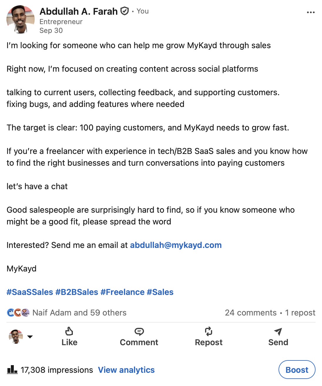 Screenshot of the MyKayd founder's LinkedIn post looking for a B2B SaaS salesperson
